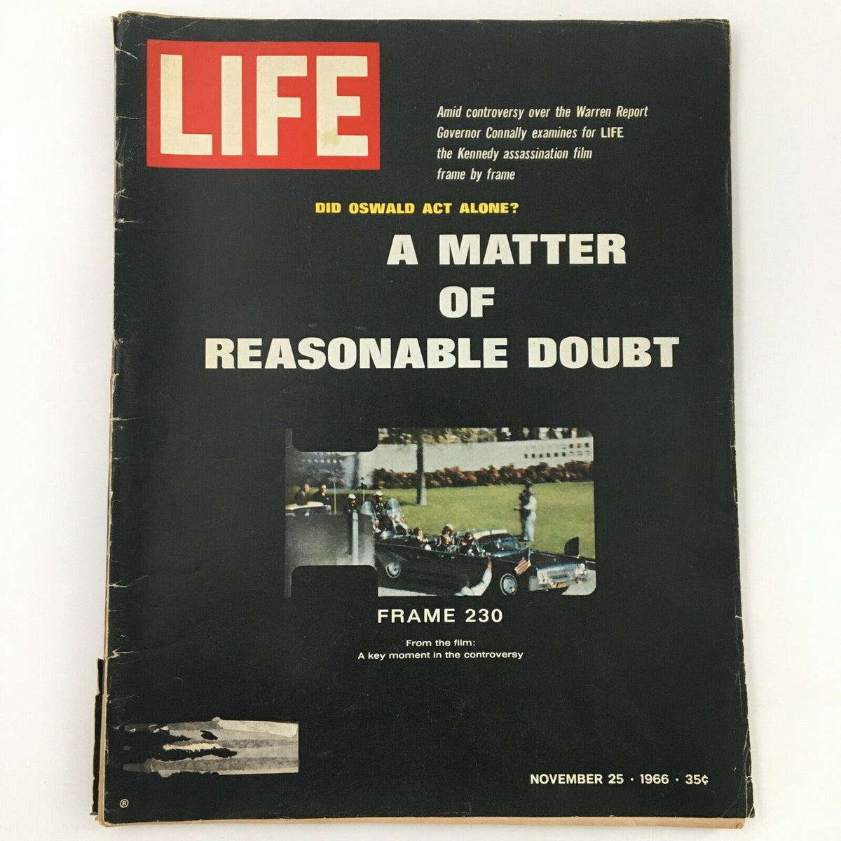 Front cover of VTG Life Magazine from November 25, 1966, featuring the title 'A Matter of Reasonable Doubt' and highlighting the Kennedy assassination film.