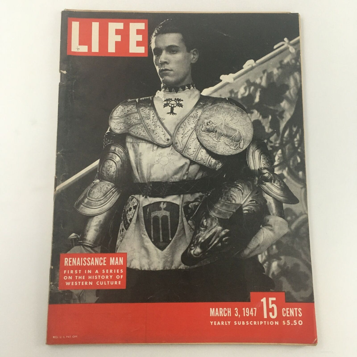 Cover of VTG Life Magazine March 13 1947 featuring a young man in ornate armor representing the Renaissance Man of Western Culture theme, showcasing mid-20th century design and history.