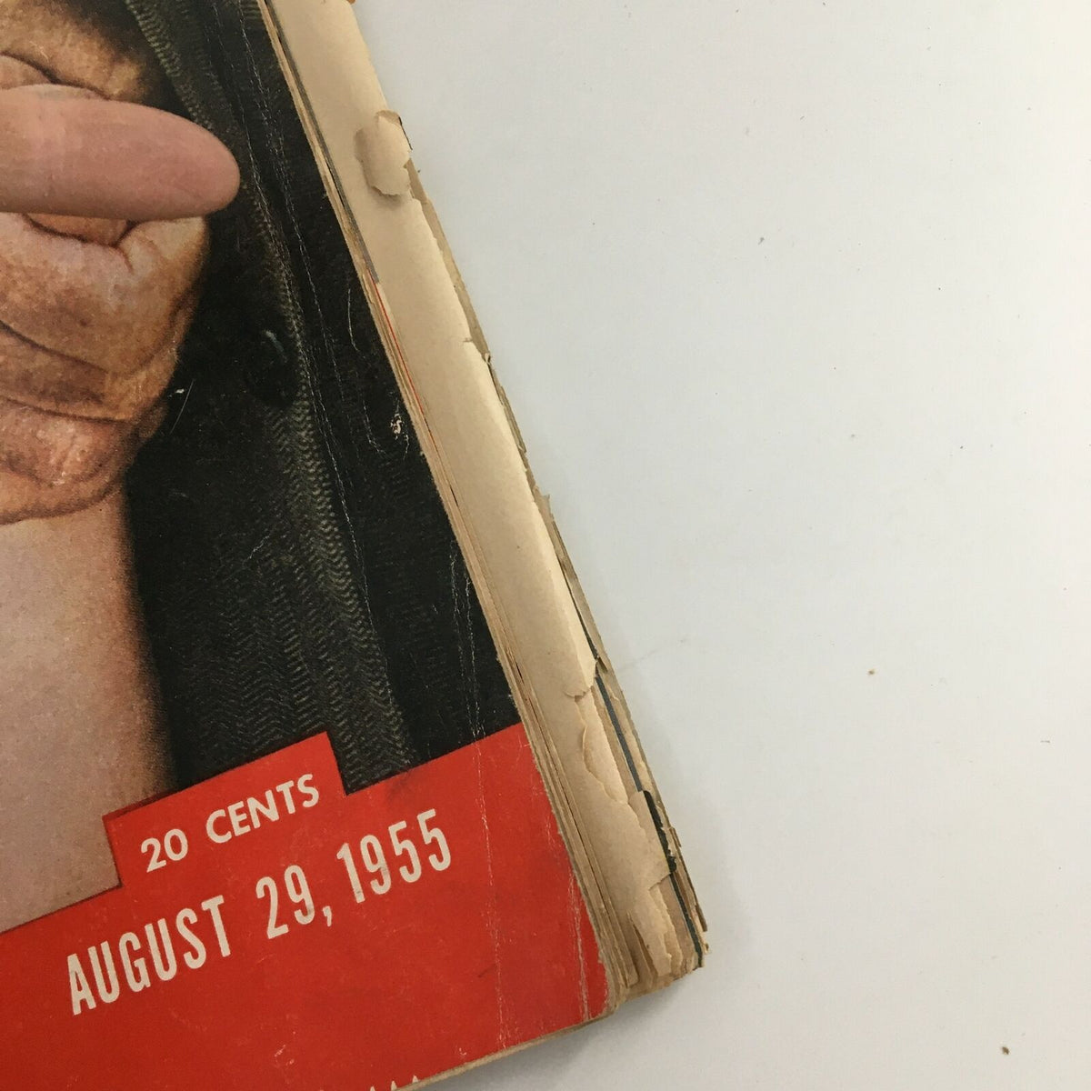 Side view of VTG Life Magazine August 29 1955 displaying the publication date and price, with visible wear and tear on the edges.