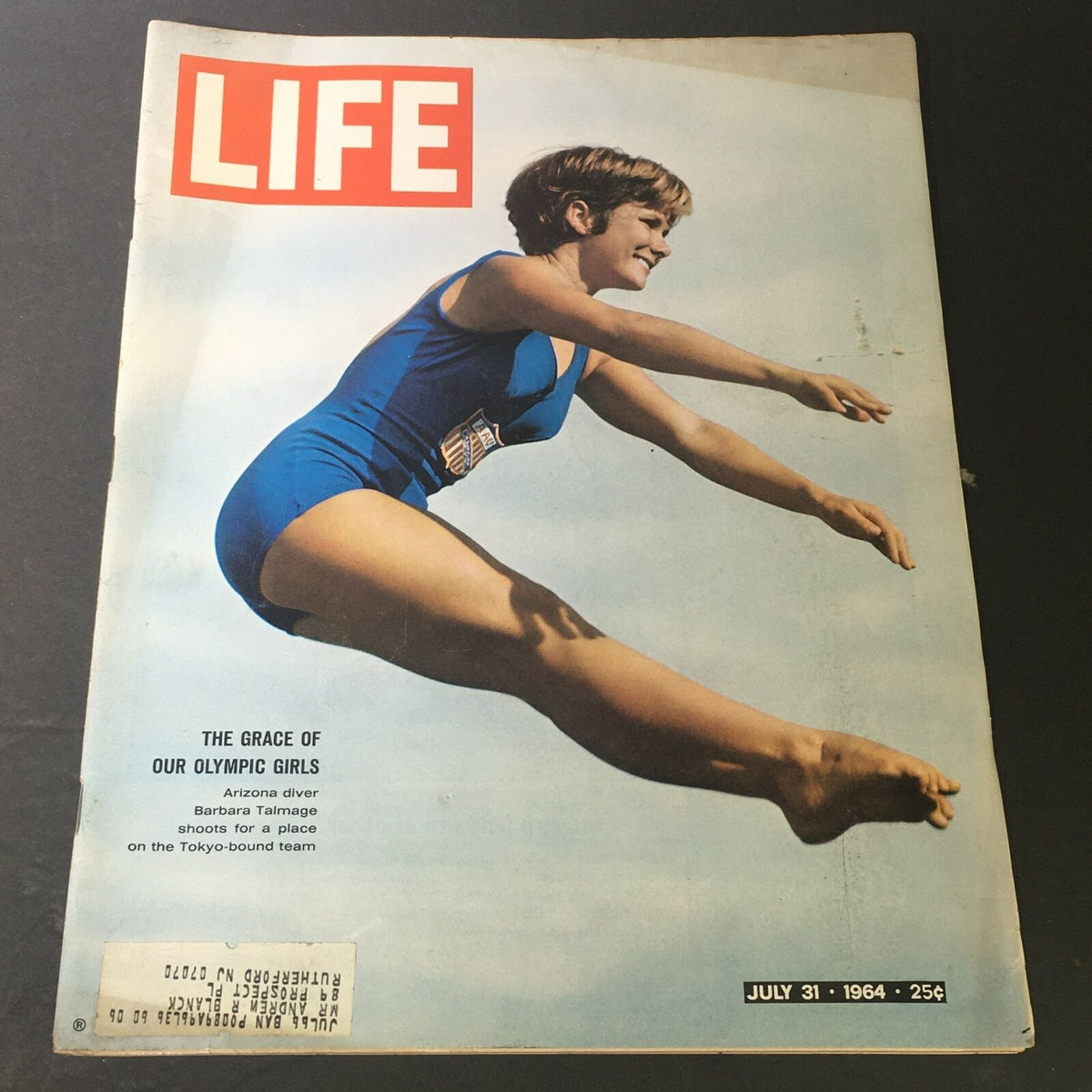Cover of VTG Life Magazine from July 31, 1964 featuring Arizona diver Barbara Talmage, highlighting her journey to the Olympics with the title 'The Grace of Our Olympic Girls'.