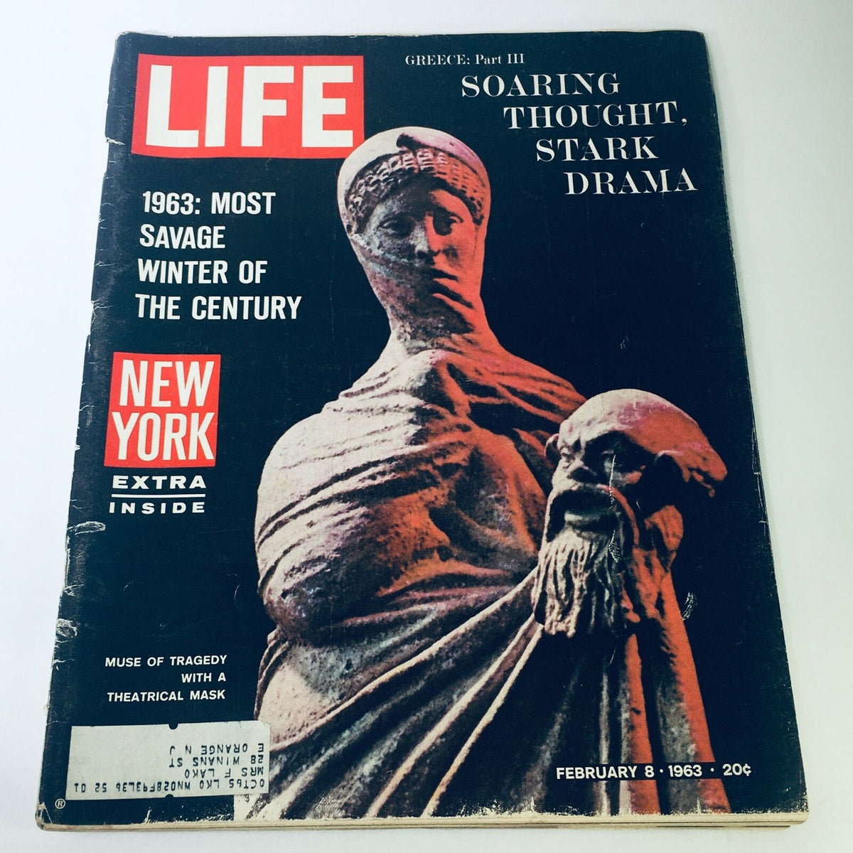 Cover of VTG Life Magazine February 8 1963 showcasing the Muse of Tragedy with a theatrical mask, featuring bold text and an artistic photograph.