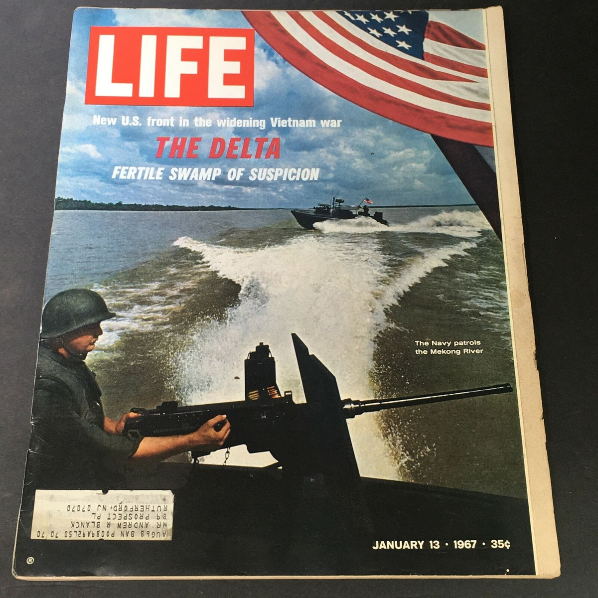 Cover of the VTG Life Magazine from January 13, 1967, featuring the title 'The Delta: Fertile Swamp of Suspicion', depicting a soldier with a weapon while a Navy boat patrols the Mekong River.