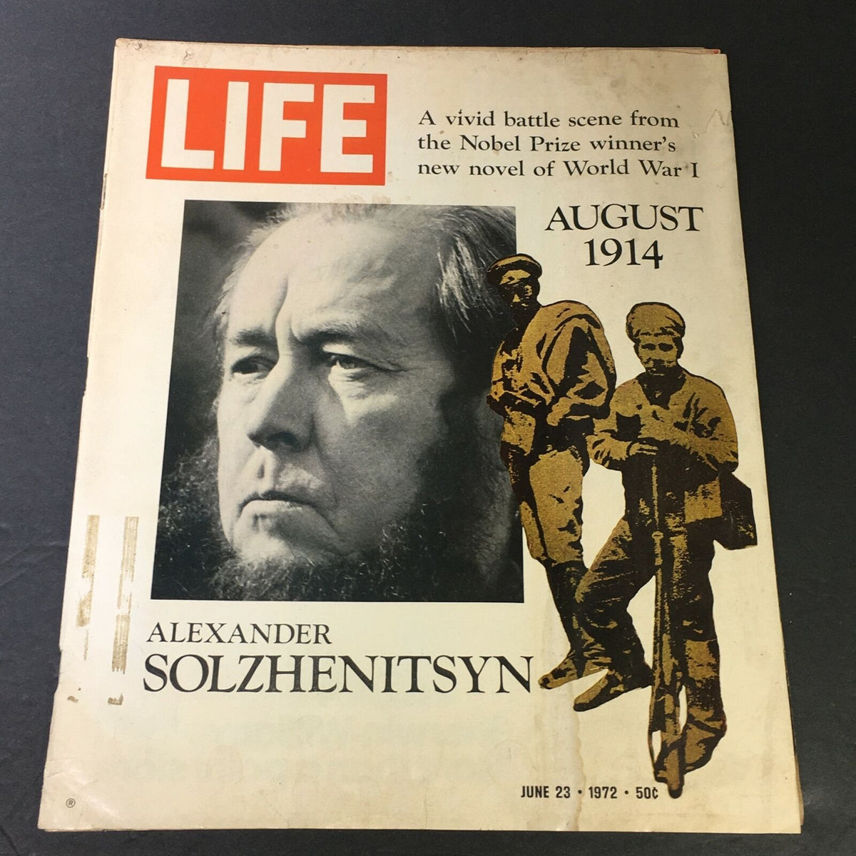 Cover of VTG Life Magazine June 23 1972 featuring a portrait of Alexander Solzhenitsyn and imagery related to World War I, highlighting themes from his novel.