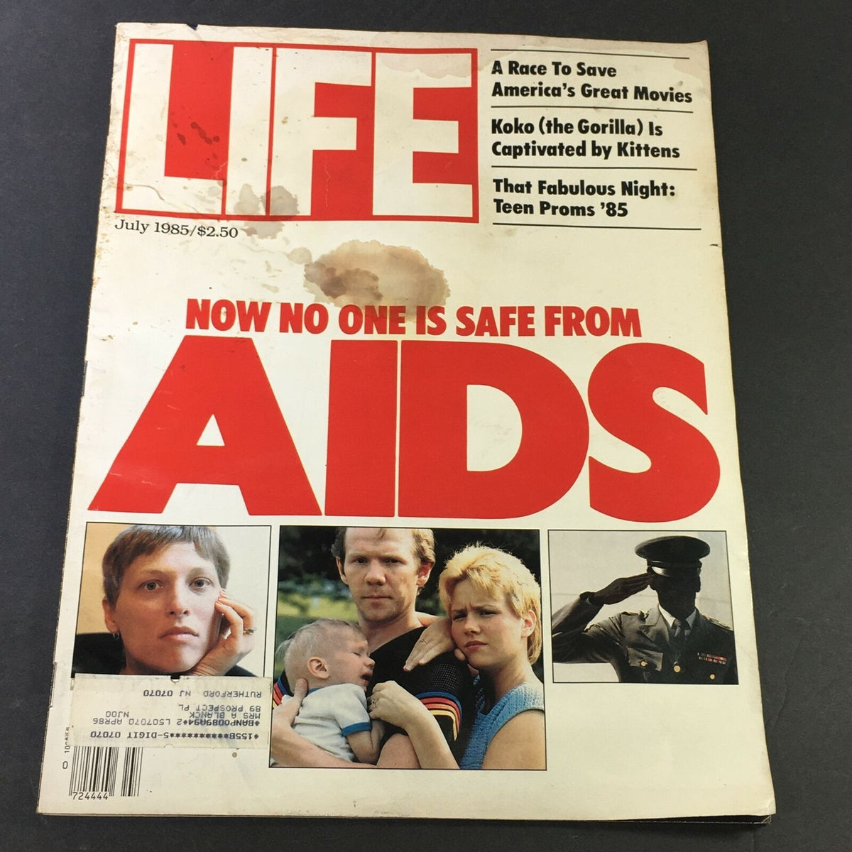 Cover of VTG Life Magazine from July 1985 featuring the headline 'NOW NO ONE IS SAFE FROM AIDS,' with a poignant layout including images of individuals affected by the AIDS crisis and a feature on Koko the Gorilla.