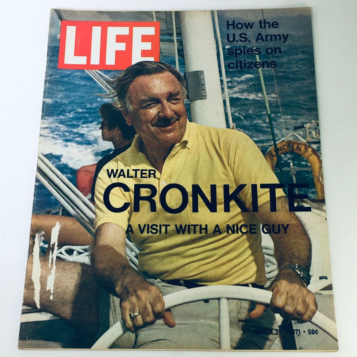Cover of VTG Life Magazine from March 26, 1971, featuring Walter Cronkite with the headline 'How the U.S. Army spies on citizens' and a subtitle 'A visit with a nice guy.' The magazine highlights key social issues of the early 1970s and is a collectible item for history lovers.