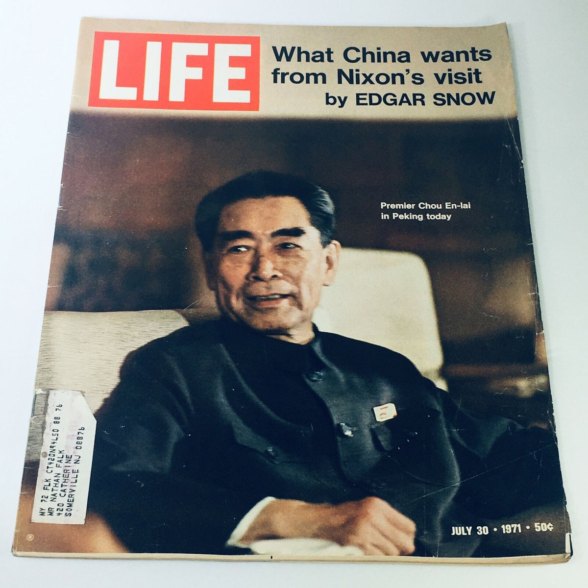 VTG Life Magazine July 30 1971 cover featuring Premier Chou En-lai with the title 'What China wants from Nixon's visit' by Edgar Snow.