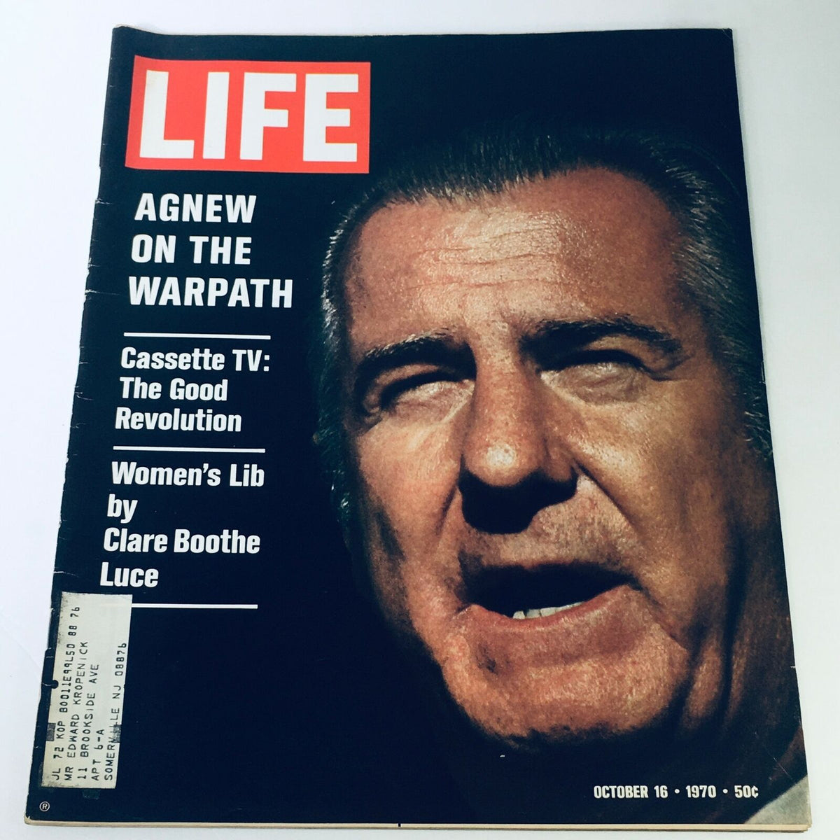 VTG Life Magazine cover from October 16, 1970 featuring Spiro Agnew on the warpath, with articles on Cassette TV: The Good Revolution and Women's Lib by Clare Boothe Luce.