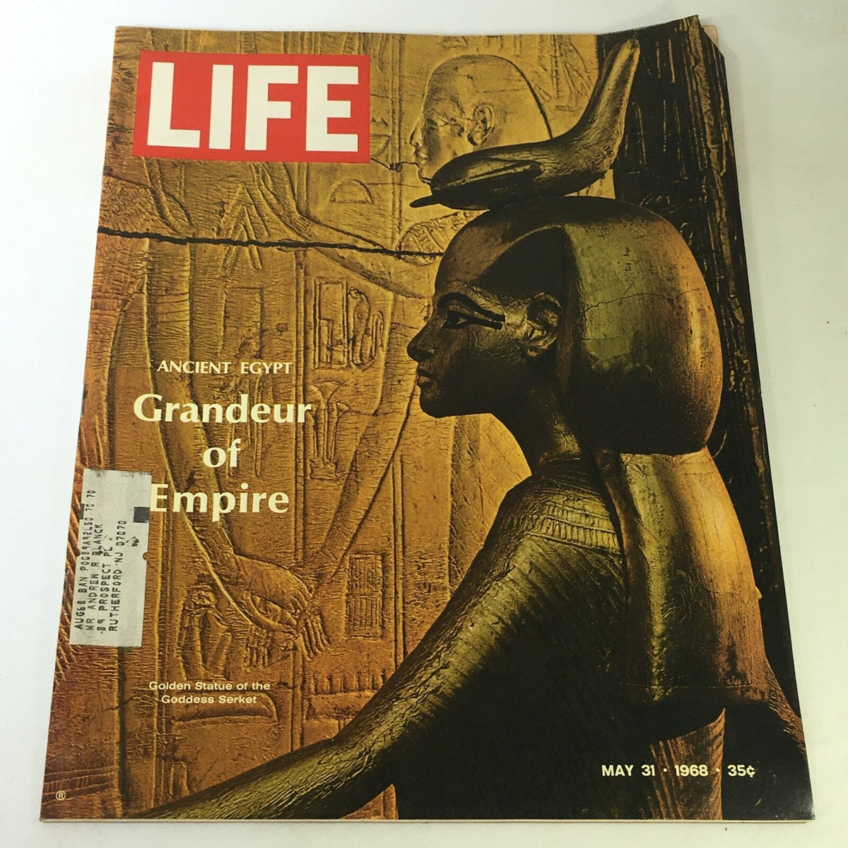 Cover of VTG Life Magazine, May 31, 1968, featuring a depiction of Ancient Egypt and titled 'Grandeur of Empire'. The cover showcases a golden statue of the Goddess Serket, emphasizing the magazine's exploration of Egyptian history.