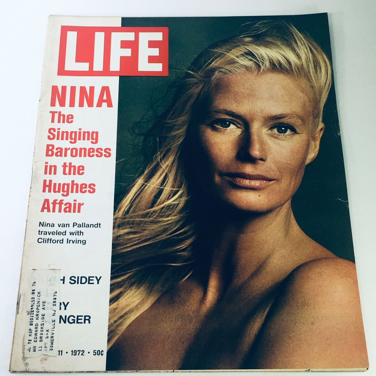 Cover of VTG Life Magazine February 11 1972 featuring Nina van Pallandt, the singing baroness, showcasing a close-up portrait and highlighted text about her in the Hughes Affair.