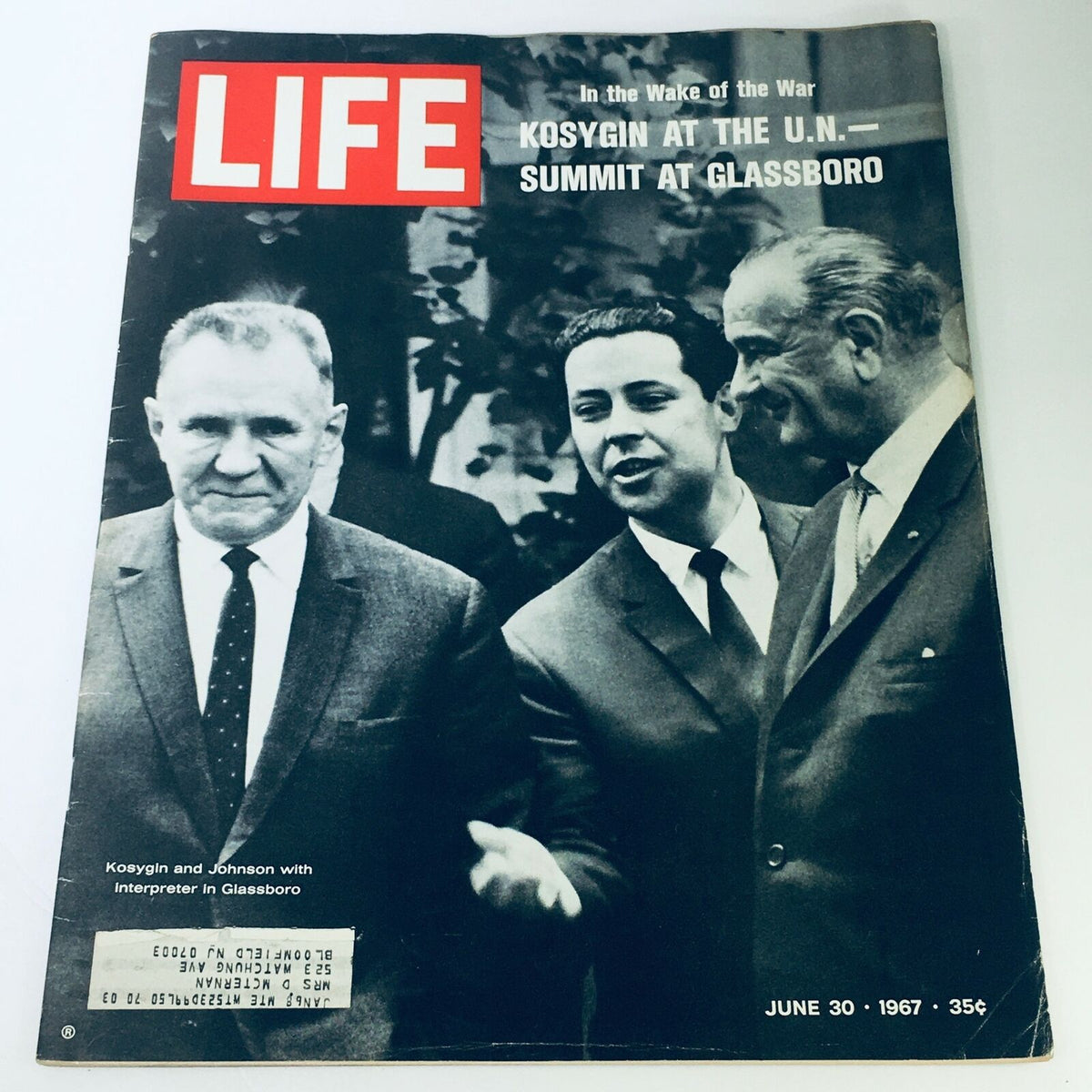 VTG Life Magazine June 30 1967 featuring Kosygin and Johnson with Interpreter in Glassboro, showcasing a historical moment from the Cold War era.