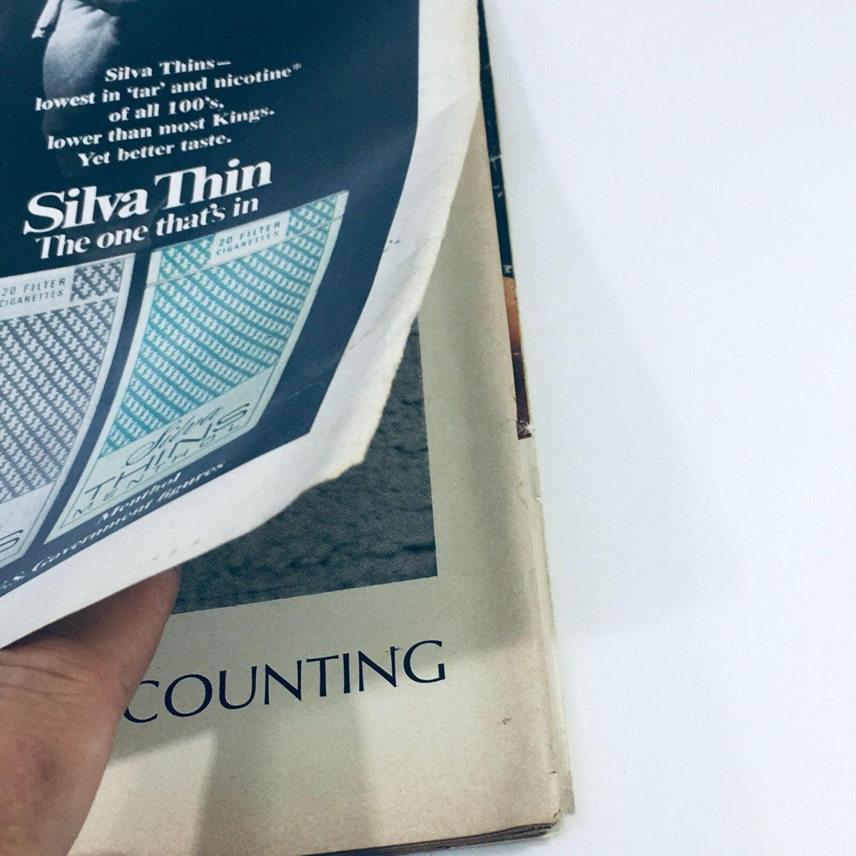 Detail of an advertisement featured in VTG Life Magazine May 16, 1969, for Silva Thin cigarettes, highlighting their low tar and nicotine content.