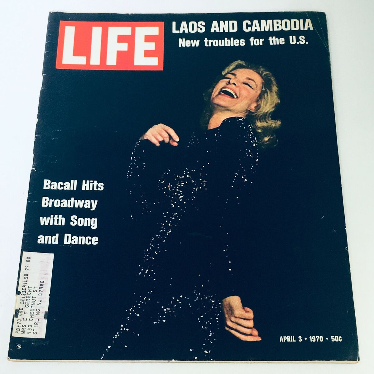 Vintage Life Magazine cover from April 3, 1967 featuring Lauren Bacall, highlighting her Broadway return with song and dance, showcasing her joy and elegance.