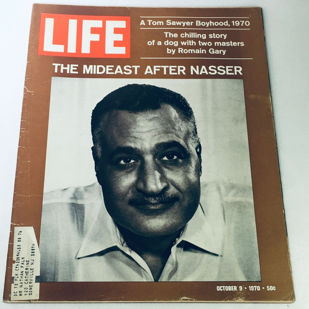 Cover of VTG Life Magazine from October 9, 1970, featuring the title 'The Mideast After Nasser' and 'A Tom Sawyer Boyhood' with a portrait of a prominent figure.