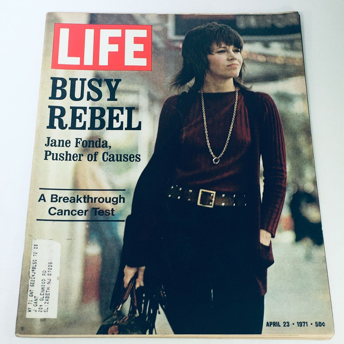 VTG Life Magazine April 23 1971 featuring Jane Fonda, Pusher of Causes, and Busy Rebel on the cover with an image of her in a stylish outfit.