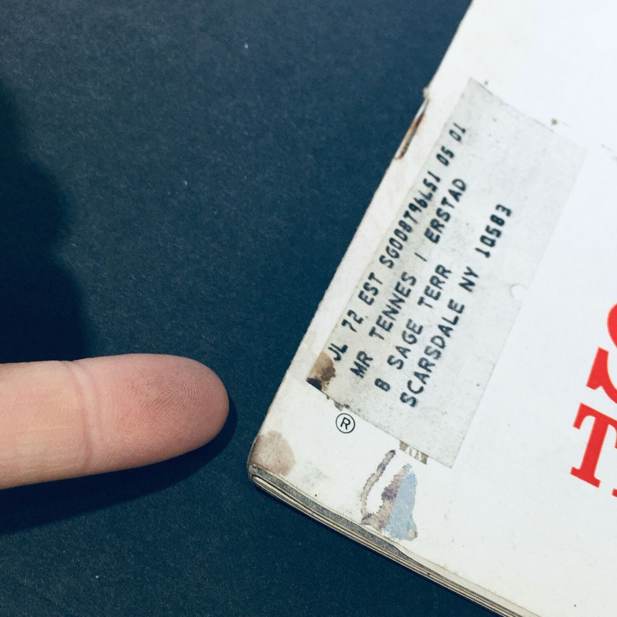 Close-up of the address label on the vintage Life Magazine January 14, 1972, featuring Cowboys' Roger Staubach and Tom Landry, showcasing authentic historical details.