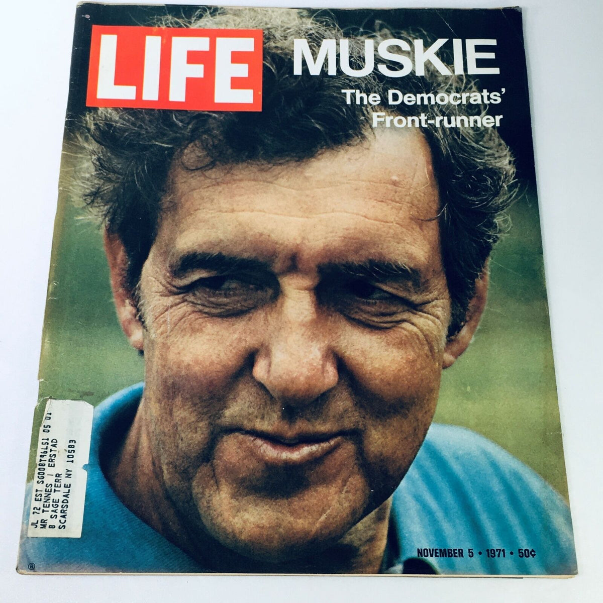 Cover of VTG Life Magazine from November 5, 1971, featuring Edmund Muskie, The Democrats' Front-Runner, showcasing a close-up of Muskie's face against a green background.