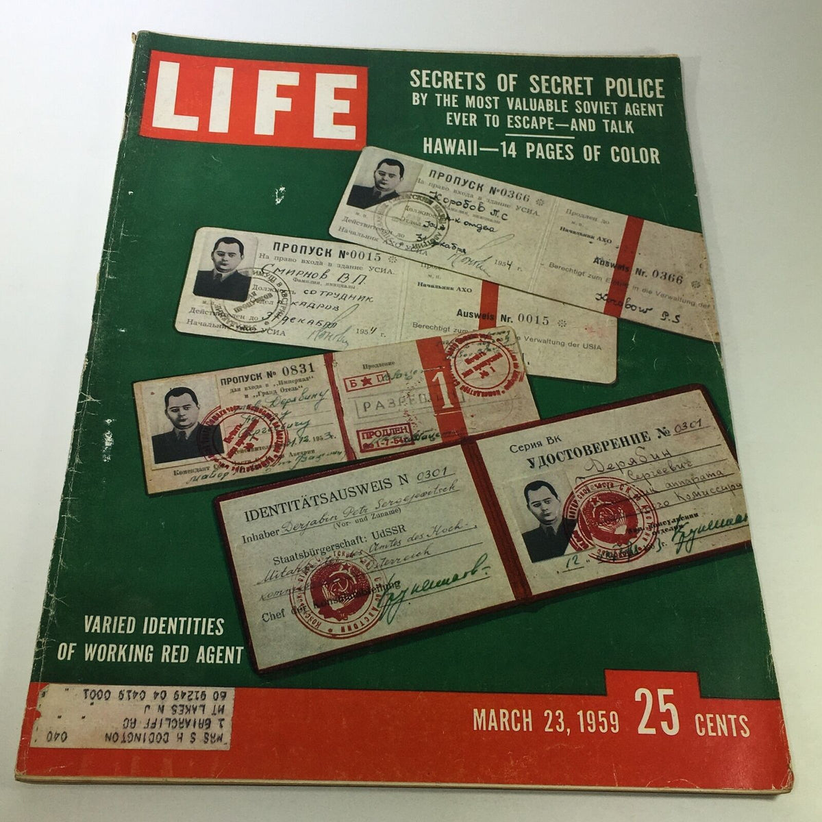 Vintage Life Magazine cover from March 23, 1959, featuring the title 'VTG Life Magazine March 23 1959 - Varied Identities Working Red Agents', showcasing espionage themes with identification documents and the famous LIFE logo.