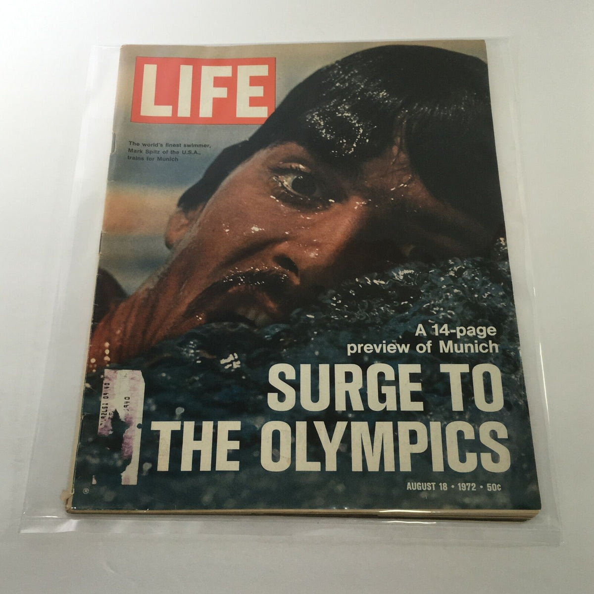 VTG Life Magazine cover from August 18, 1972 featuring a swimmer, highlighting the 14-page preview of the Munich Olympics. This vintage magazine captures a significant sports moment.