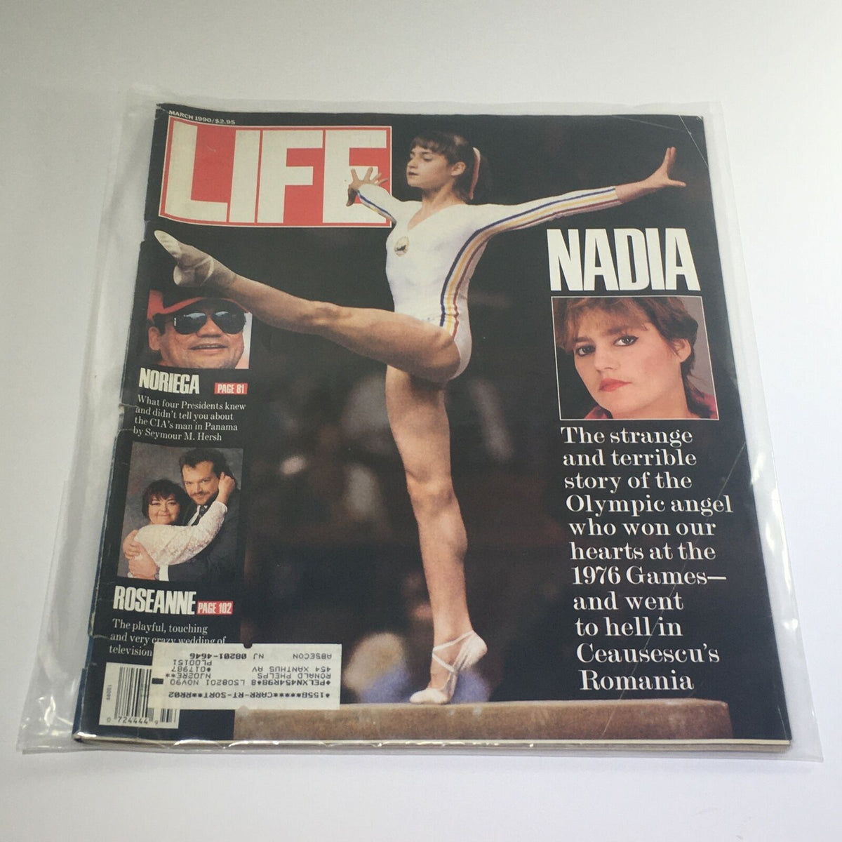 Vintage Life Magazine cover from March 1990 featuring Olympic champion Nadia Comaneci in a dynamic pose. The issue also highlights Manuel Noriega and Roseanne Barr, offering a glimpse into cultural and political narratives from that era.