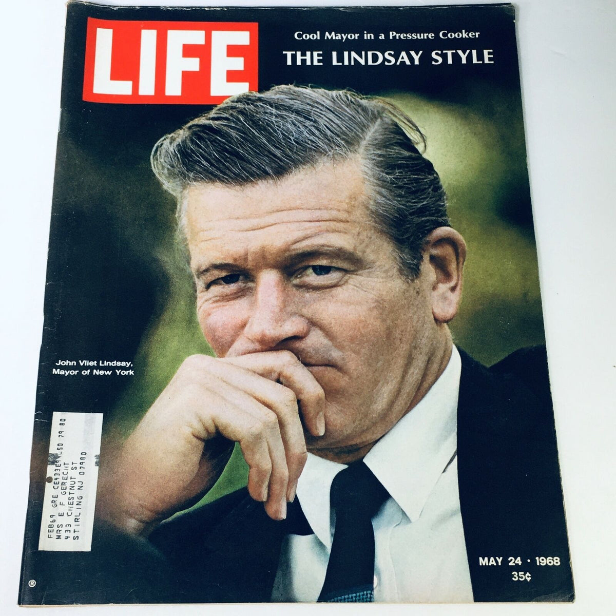 Cover of VTG Life Magazine May 24 1968 featuring Mayor John Vliet Lindsay of New York, showcasing a portrait of Lindsay with a thoughtful expression.