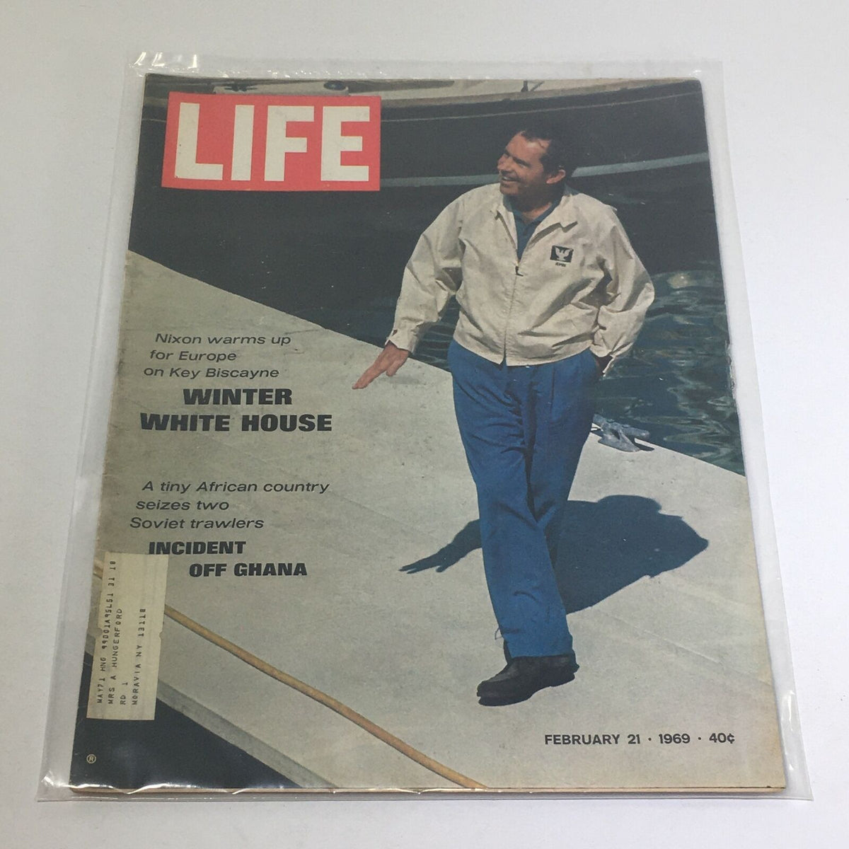Cover of VTG Life Magazine from February 21, 1969, featuring Nixon warming up for Europe at the Winter White House, with an article on Ghana's incident involving Soviet trawlers.