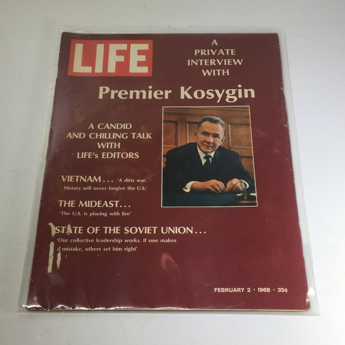 Cover of Life Magazine from February 2, 1968 featuring a private interview with Premier Kosygin, highlighting significant topics such as Vietnam and the state of the Soviet Union.