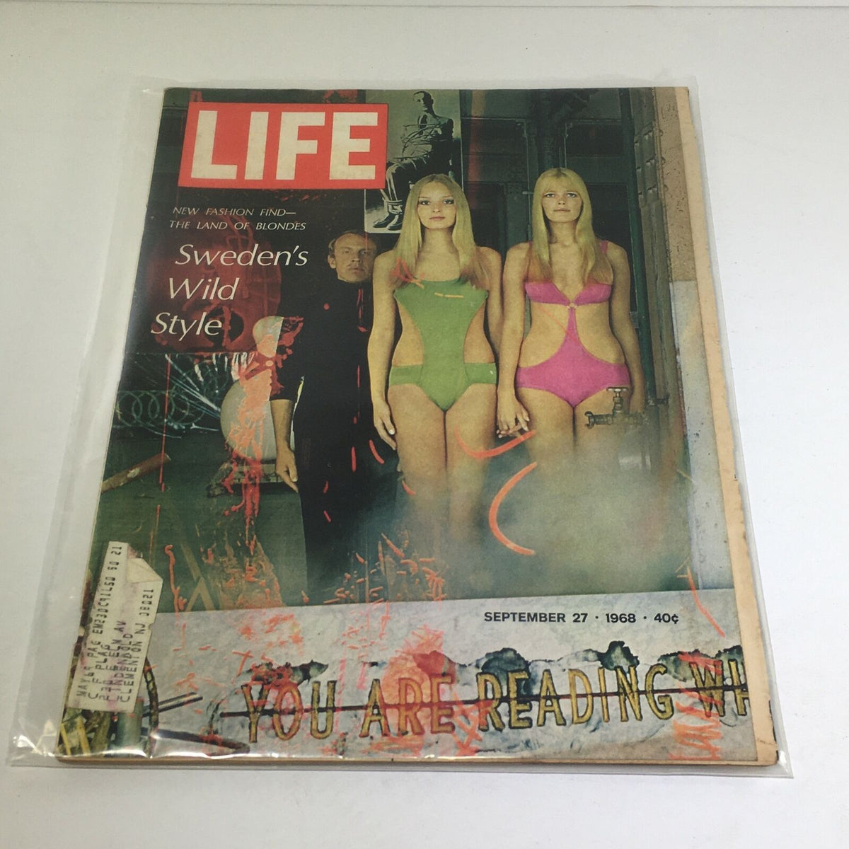 Vintage Life Magazine cover from September 27, 1968, titled 'New Fashion Find: The Land of Blondes', featuring two models in colorful swimsuits, showcasing fashion trends of the 1960s.
