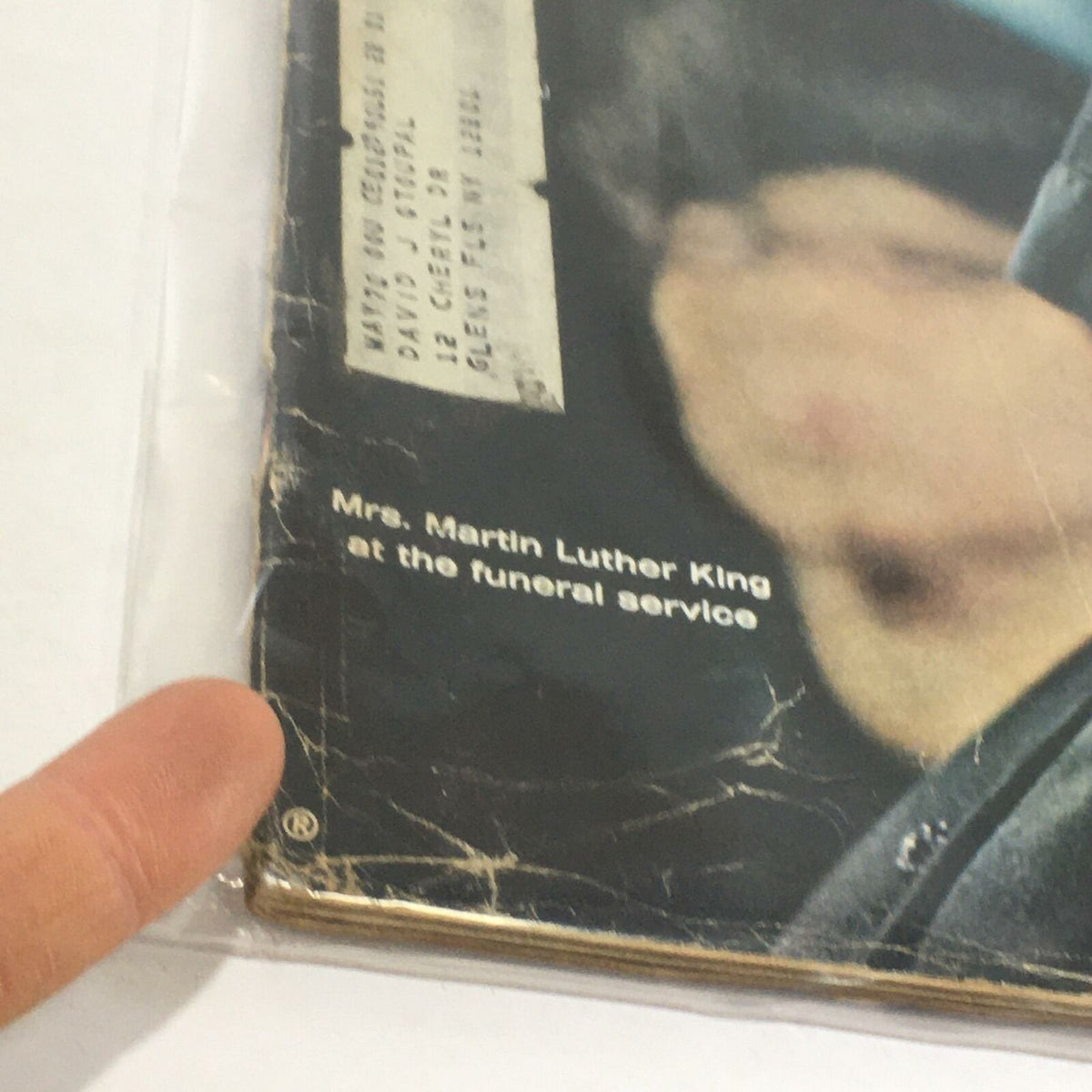 Close-up of the address label on the cover of VTG Life Magazine from April 19, 1968, featuring Mrs. Martin Luther King at her husband's funeral service.