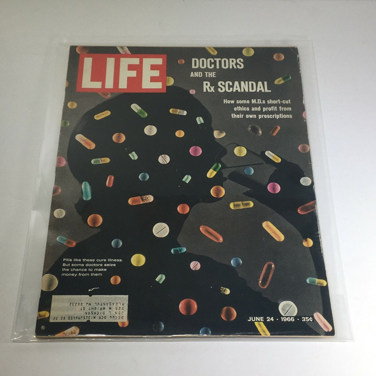 VTG Life Magazine from June 24, 1966 featuring a silhouette of a doctor with colorful prescription pills, focusing on the topic of 'Doctors and the Rx Scandal' and discussing medical ethics and practices.
