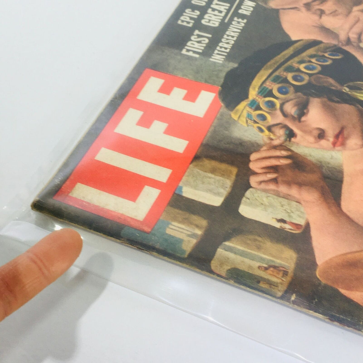 Close-up view of the VTG Life Magazine cover from June 4, 1956, showcasing the title with an emphasis on the theme 'Primping in Ancient Sumer'.