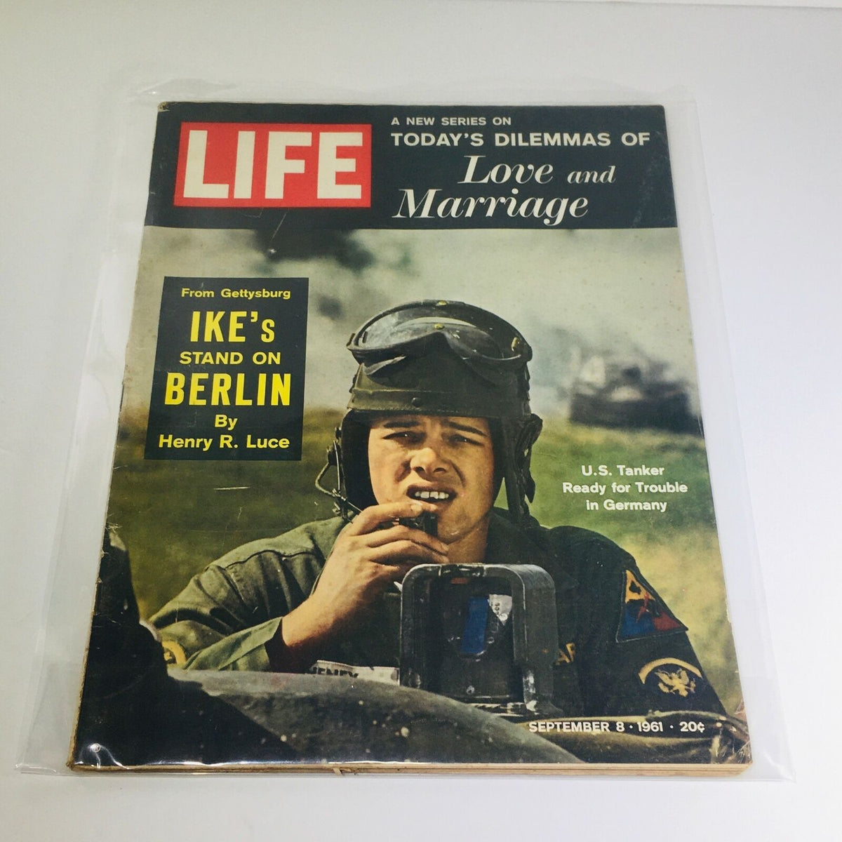 Cover of VTG Life Magazine: Sept 8 1961 featuring a soldier in a military vehicle, highlighting Ike's Stand on Berlin and topics of Love and Marriage.