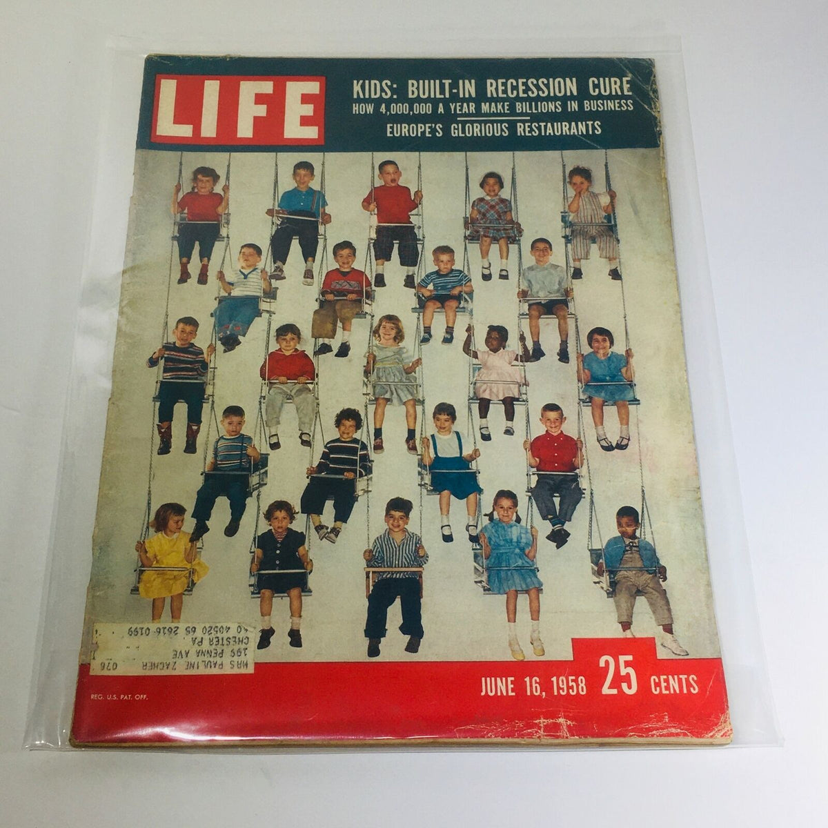 Vintage Life Magazine from June 16, 1958, featuring the article 'Kids: Built-In Recession Cure' with a cover photo of children on swings, showcasing how kids contributed to the economy during that era.