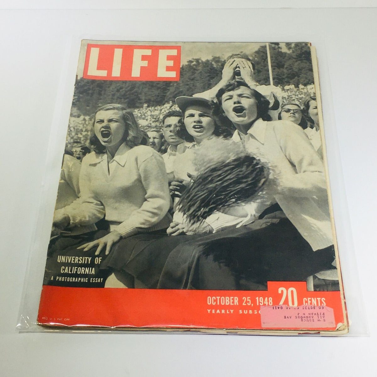 Cover of VTG Life Magazine from October 25, 1948, featuring enthusiastic spectators at a University of California event. The magazine highlights a photographic essay dedicated to the university.
