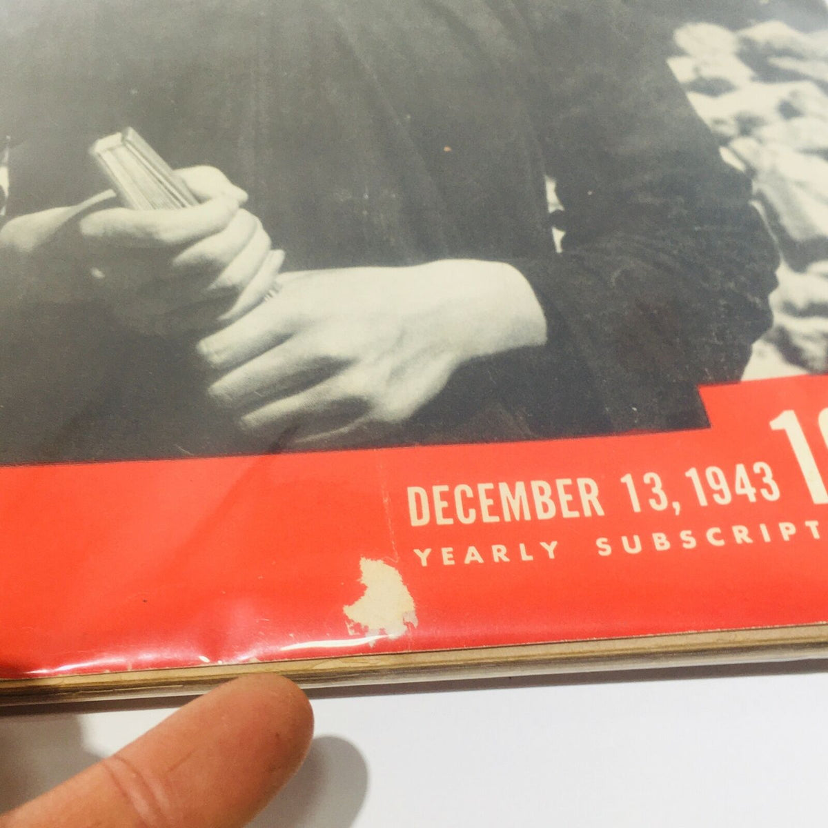 Detail view of VTG Life Magazine Cover December 13 1943 showing wear and age with focus on the date and subscription information.