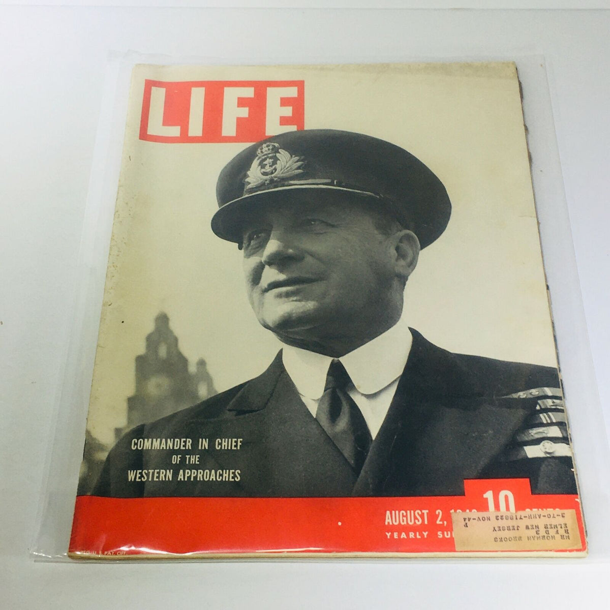 Cover of Vintage Life Magazine from August 2, 1943, featuring the Commander In Chief of the Western Approaches, showcasing a historical figure in military attire against a vintage backdrop.