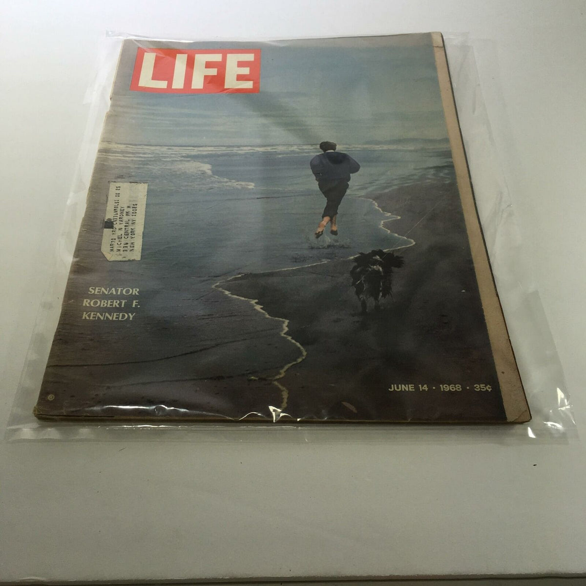 Cover of the vintage Life Magazine from June 14, 1968, featuring Senator Robert F. Kennedy walking along the beach with a dog, protected in a plastic covering.