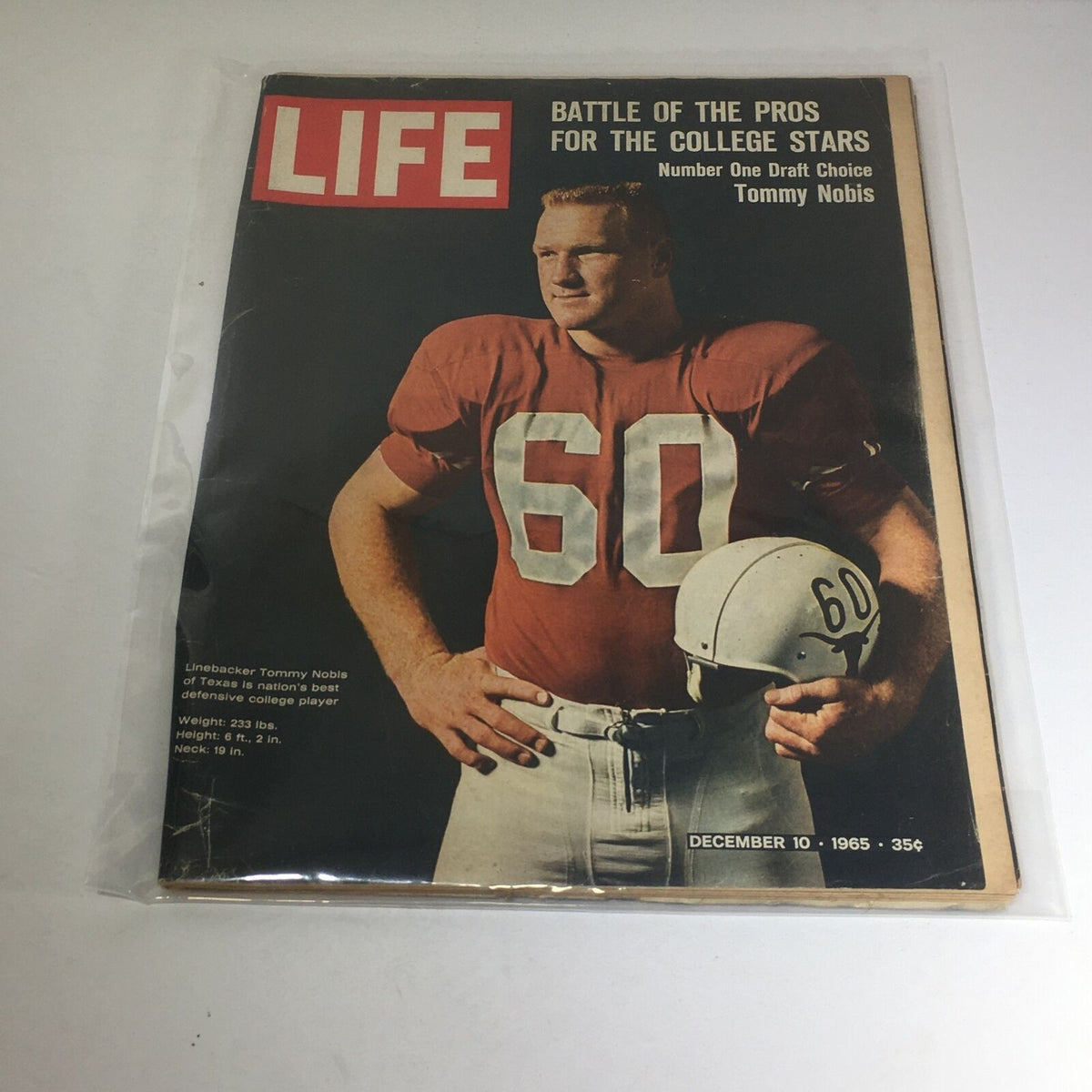 VTG Life Magazine - December 10, 1965 featuring linebacker Tommy Nobis on the cover, showcasing his status as the No. 1 draft choice.