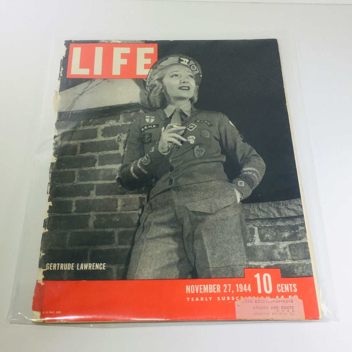 Vintage LIFE magazine dated November 27, 1944 featuring Gertrude Lawrence, showcasing a cover design with the magazine title and an image of the featured personality. This magazine is notable for its historical content related to the era.