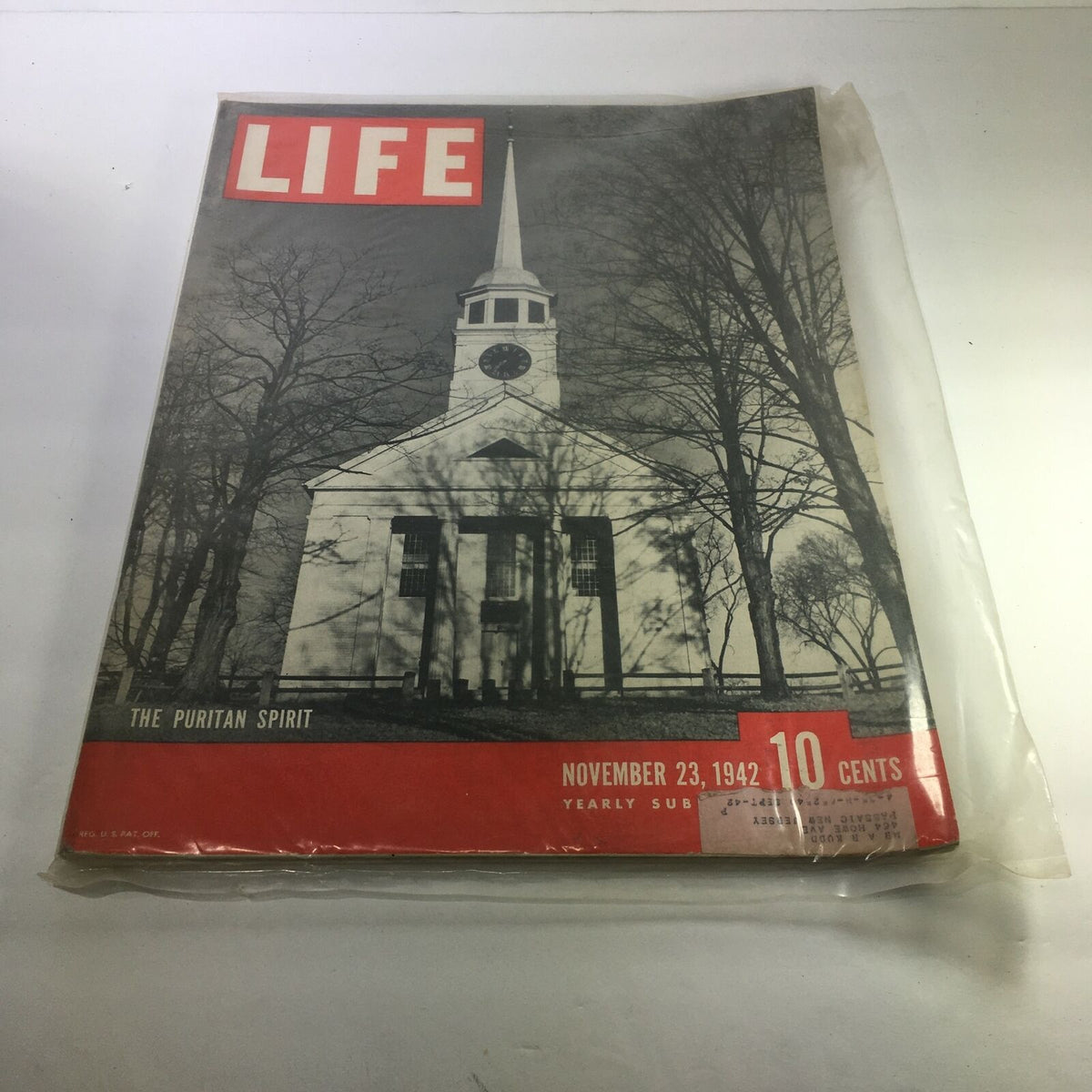 VTG Life Magazine November 23 1942 cover featuring 'The Puritan Spirit' with an image of a church steeple surrounded by trees.