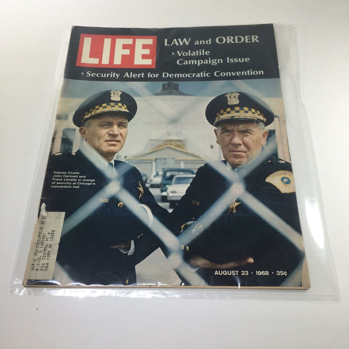 VTG Life Magazine from August 23, 1968, featuring Deputy Chiefs John Harnett and Frank Lavelle in their police uniforms. The magazine cover highlights themes of law and order along with a note about surveillance for the Democratic Convention.