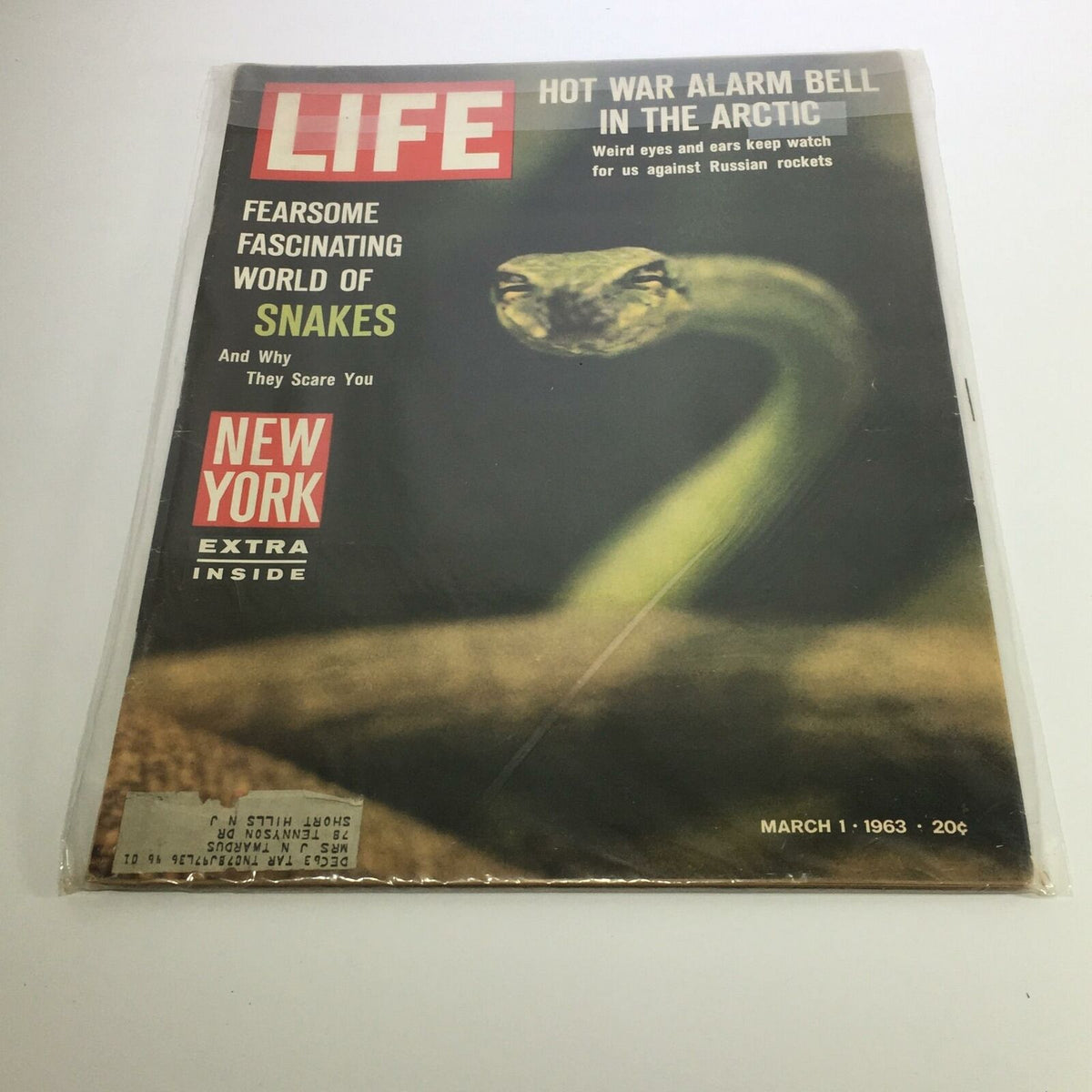 Life Magazine cover from March 1, 1963, featuring the title 'The Fearsome Fascinating World of Snakes', showcasing a striking image of a snake, with additional text on hot war alerts in the Arctic.