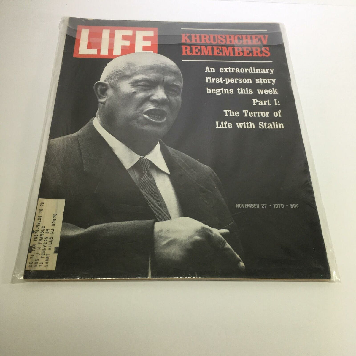 Cover of Life Magazine from November 27, 1970, featuring Nikita Khruschev. The cover showcases an intense image of Khruschev with the headline 'Khruschev Remembers: An extraordinary first-person story begins this week - Part I: The Terror of Life with Stalin' highlighting the magazine's historical significance.