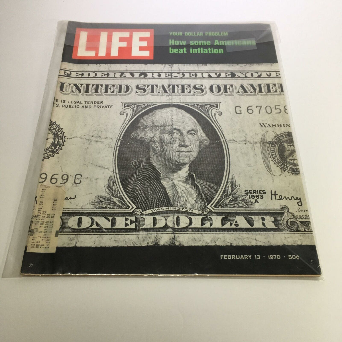 Cover of Life Magazine from February 13, 1970 titled 'How Some Americans Beat Inflation'. The cover features an image of a one-dollar bill with George Washington's portrait and highlights concerns about the economic challenges of the era.