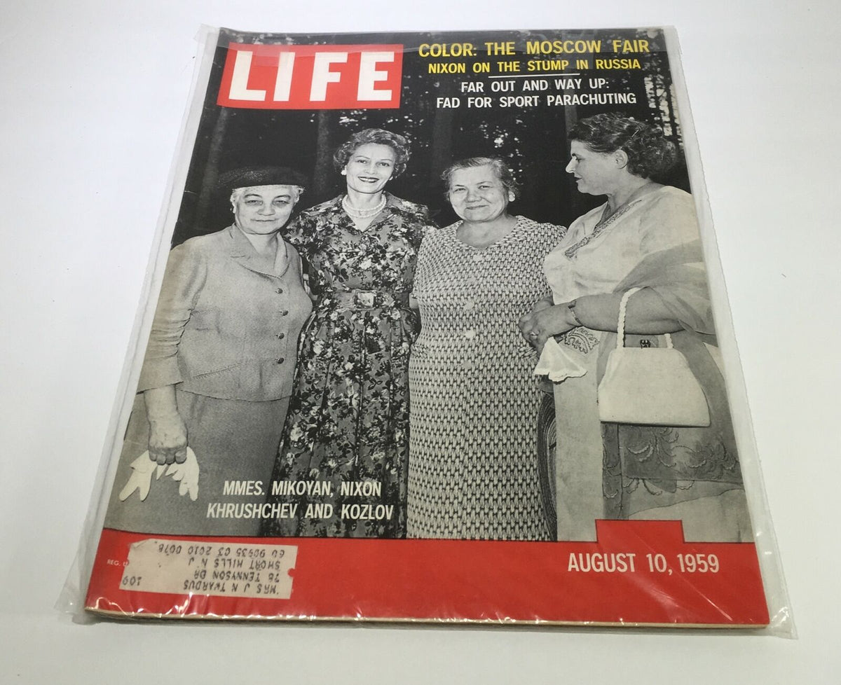 VTG Life Magazine August 10 1959 featuring a historic cover with Richard Nixon, Nikita Khrushchev, and Mmes. Mikoyan and Kozlov, showcasing the political climate of the late 1950s.