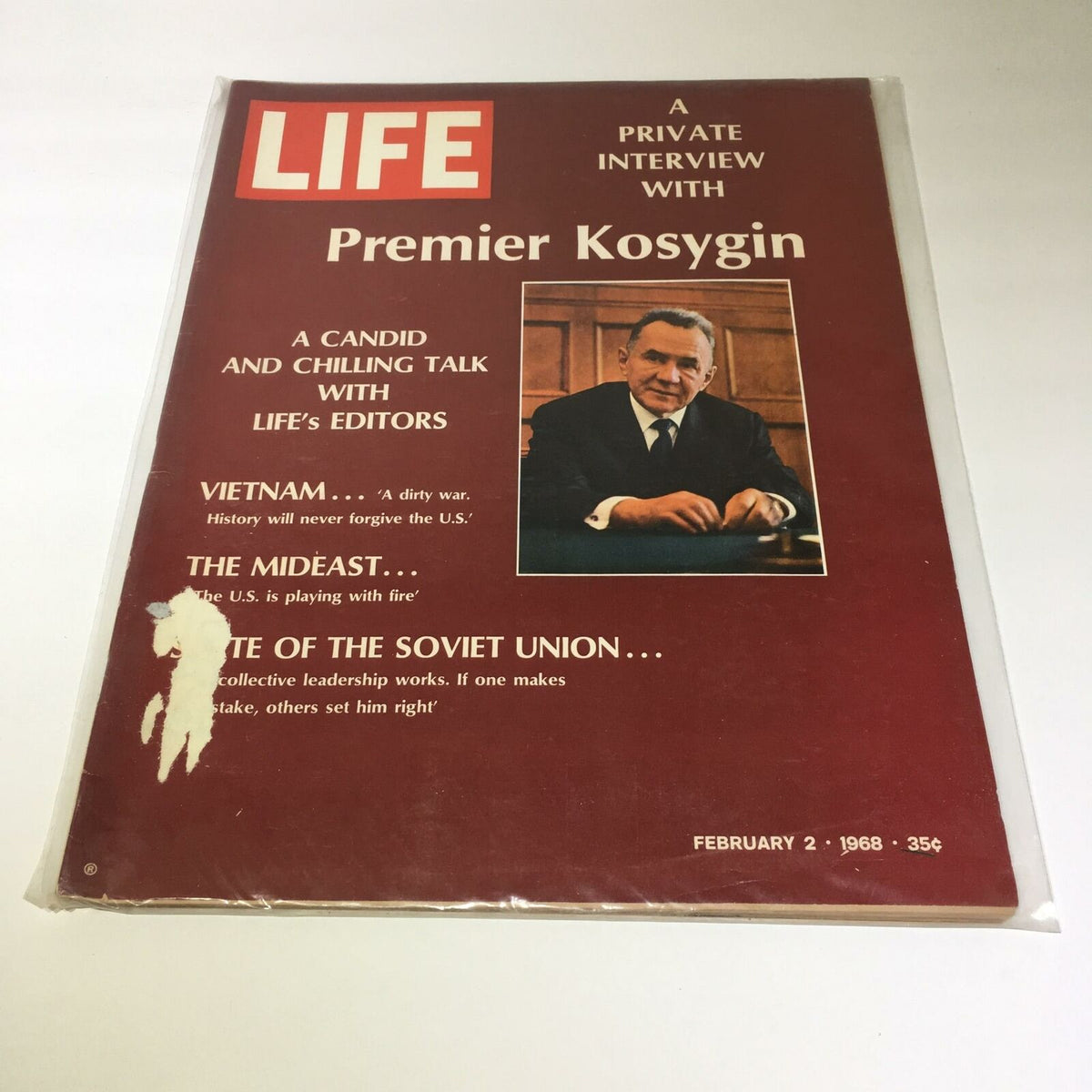 Cover of VTG Life Magazine February 2, 1968, featuring a private interview with Premier Kosygin. The cover highlights key topics such as the Vietnam War and the Middle East, with a professional portrait of Kosygin against a red background, capturing a glimpse into Cold War politics.