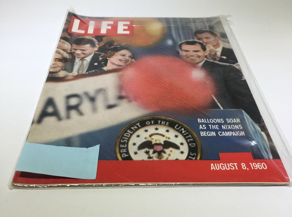Vintage Life Magazine cover from August 8, 1960, featuring the Richard Nixon Presidential Campaign, showcasing vibrant balloons and a patriotic design. Perfect for collectors and history enthusiasts.