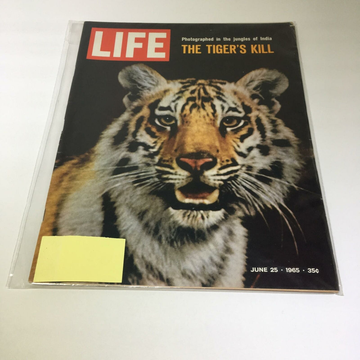 Vintage Life Magazine cover from June 25, 1965 featuring 'The Tiger's Kill In The Jungle Of India' with a detailed image of a tiger.
