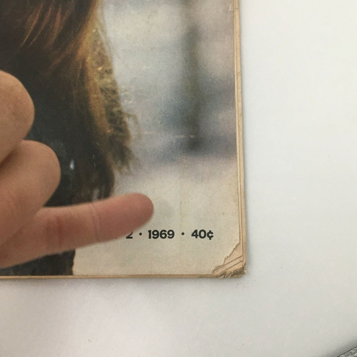 Another close-up of the Life Magazine May 2, 1969 showing the date and price, with a finger pointing towards the details.
