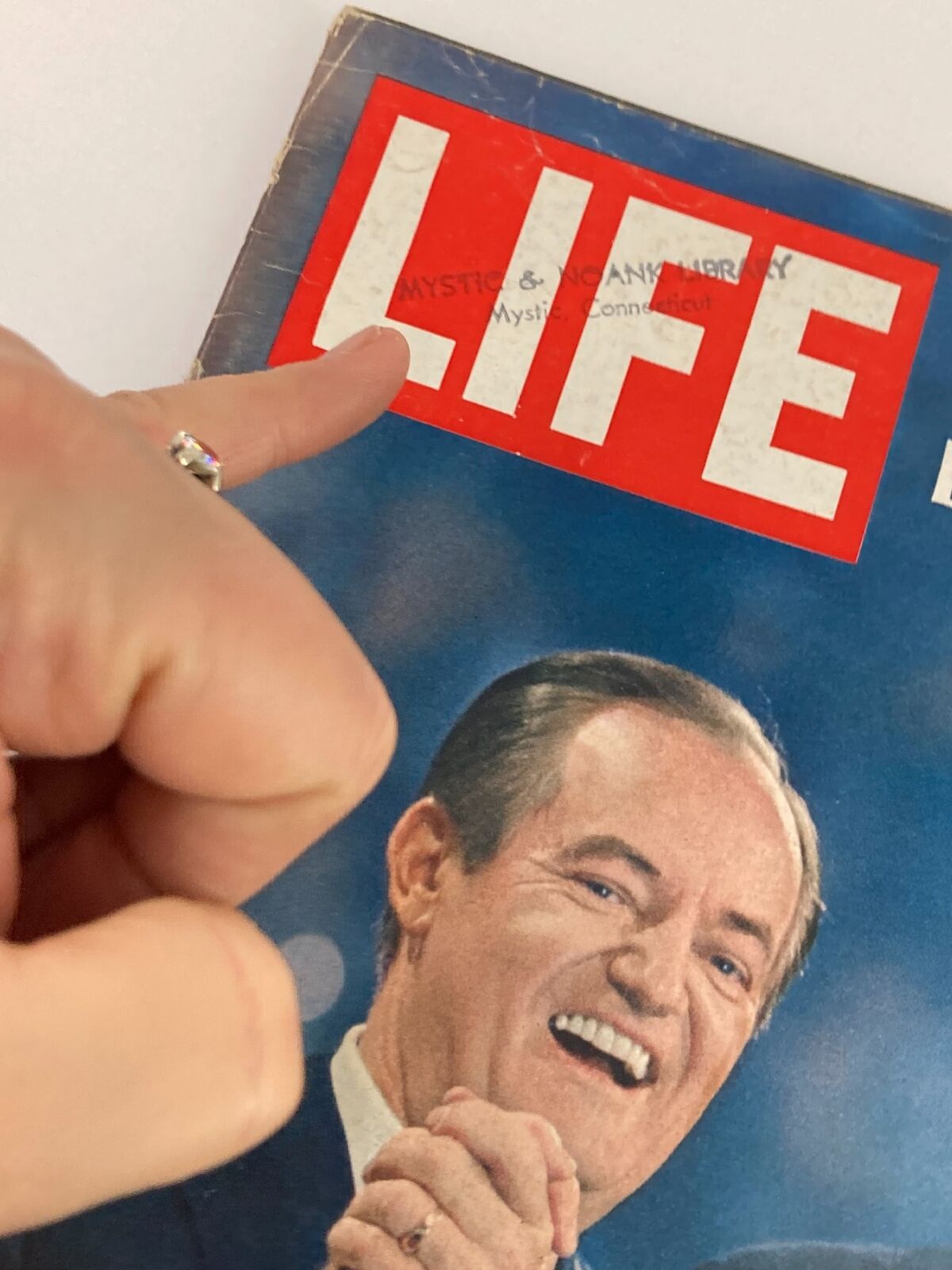 Close-up of the VTG Life Magazine September 6 1968 cover, focusing on the title 'LIFE' with a handwritten note, highlighting its vintage character.