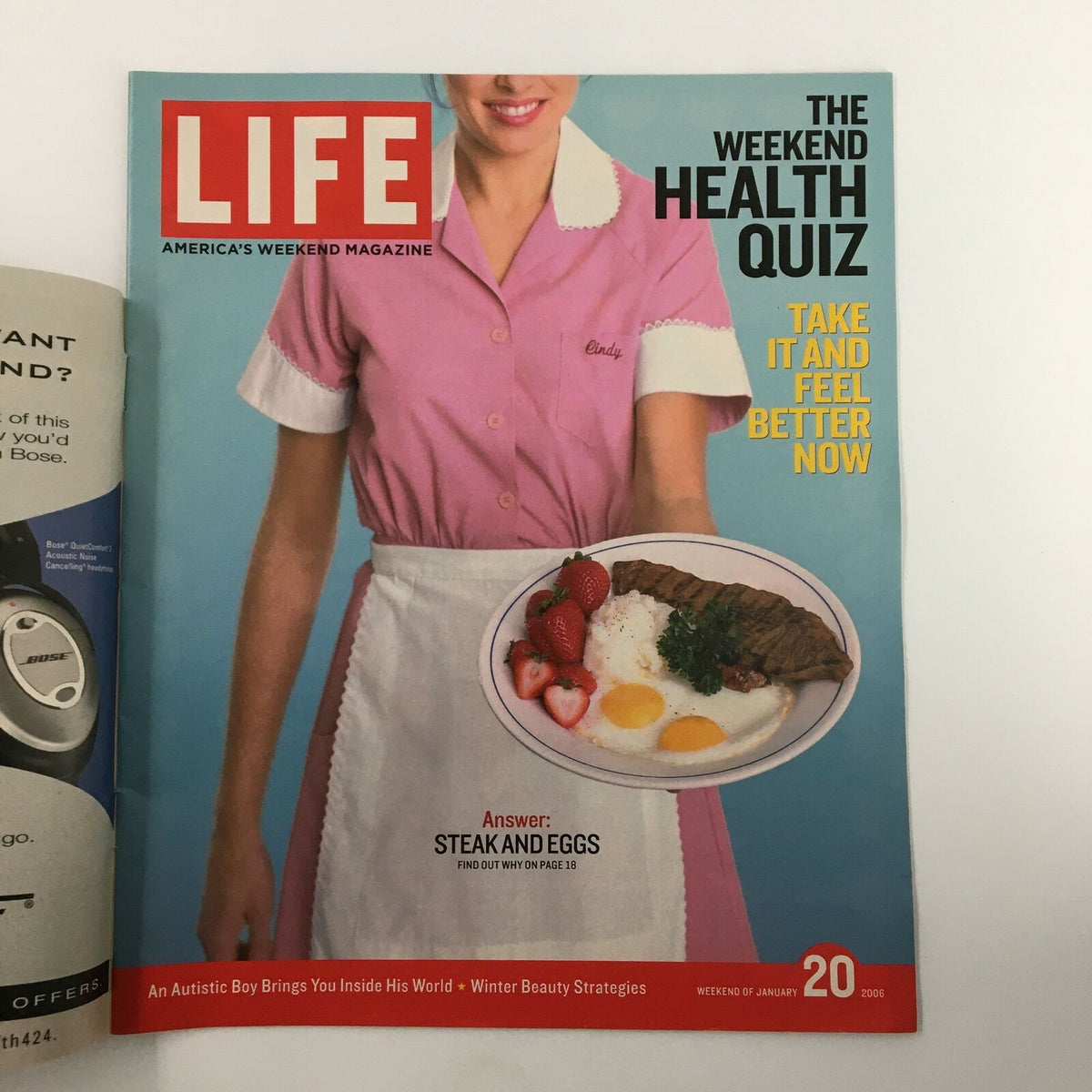 Life Magazine Newspaper Insert The Weekend Health Quiz January 20 2004 showcasing a close-up of a waitress in a pink dress with brunch dishes illustrating a health quiz answer related to meal choices.